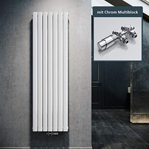 ELEGANT Design Heizkörper Flach 1800x539mm mit Chrom Multiblock Thermostat Flachheizkörper Weiß Doppellagig Vertikal Heizkörper Mittelanschluss von ELEGANT