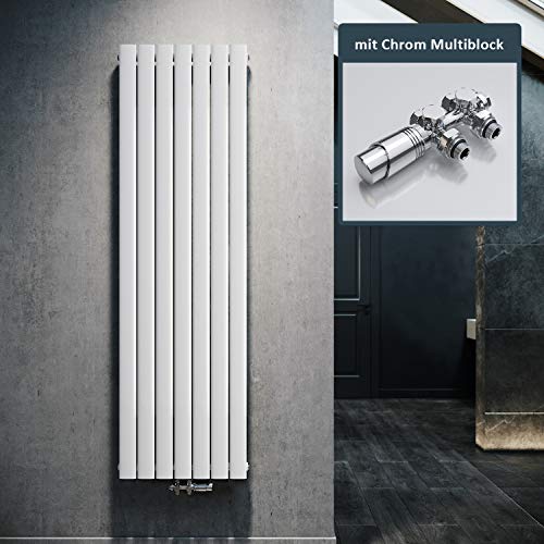 ELEGANT Design Heizkörper Flach 1800x539mm mit Chrom Multiblock Thermostat Flachheizkörper Weiß Einlagig Vertikal Heizkörper Mittelanschluss von ELEGANT