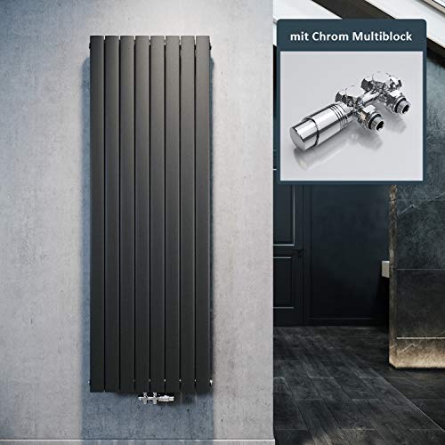 ELEGANT Design Flach Heizkörper 1800x619mm mit Chrom Multiblock Thermostat Flachheizkörper Anthrazit Doppellagig Vertikal Heizkörper Mittelanschluss von ELEGANT