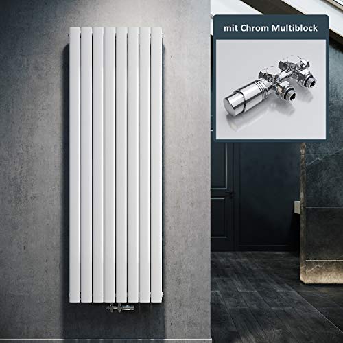 ELEGANT Design Heizkörper Flach 1800x616mm mit Chrom Multiblock Thermostat Flachheizkörper Weiß Doppellagig Vertikal Heizkörper Mittelanschluss von ELEGANT