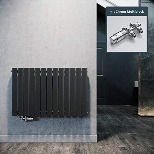 ELEGANT Design Heizkörper Horizontal mit Chrom Multiblock 630x1001mm Einlagig Anthrazit Badezimmer/Wohnraum Paneelheizkörper Mittelanschluss Flachheizkörper von ELEGANT