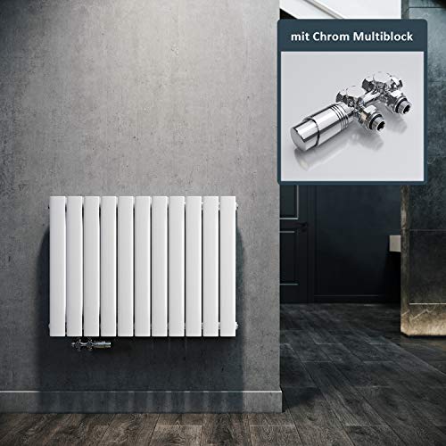 ELEGANT Design Heizkörper Horizontal mit Chrom Multiblock 630x847mm Doppellagig Weiß Badezimmer/Wohnraum Paneelheizkörper Mittelanschluss Flachheizkörper von ELEGANT