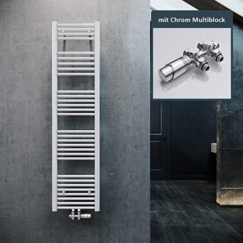 ELEGANT Heizkörper Bad 1600x400mm Weiß Badheizkörper Mittelanschluss Heizkörper Handtuchtrockner Handtuchwärmer mit Chrom Multiblock Thermostat von ELEGANT