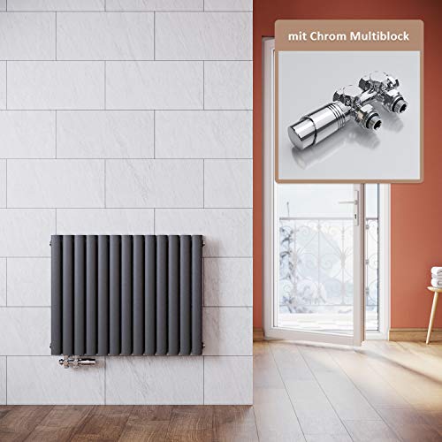 ELEGANT Heizkörper Modern Anthrazit 600x767mm mit Chrom Multiblock Thermostat Design Heizkörper Horizontal Doppellagig Röhrenheizkörper Mittelanschluss von ELEGANT