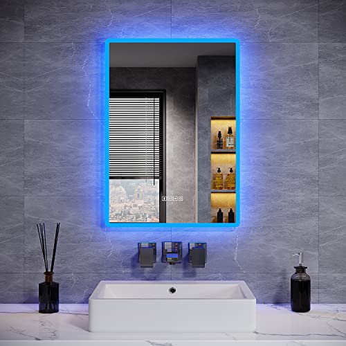 ELEGANT Hintergrundbeleuchteter Bluetooth-Badezimmerspiegel mit Rasiersteckdose, 500 x 700 mm, beleuchteter Wandmontierter Badezimmer-Schminkspiegel mit LED-Leuchten und Demister-Pad, blaues von ELEGANT