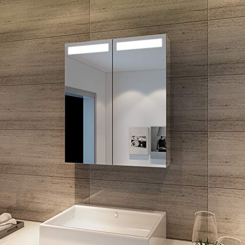 ELEGANT Led Spiegelschrank mit Beleuchtung 60 x 70 cm Infrarot Sensorschalter Badezimmerspiegel 2-türig Badschrank mit Rasierersteckdose von ELEGANT