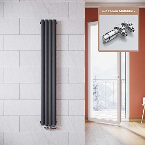 ELEGANT Vertikal Heizkörper Anthrazit 1600x236mm mit Multiblock Chrom Thermostat Design Heizkörper Doppellagig Röhrenheizkörper Badheizkörper Mittelanschluss von ELEGANT