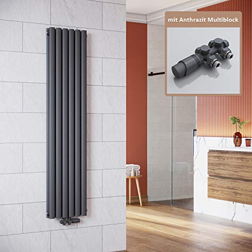 ELEGANT Vertikal Heizkörper Anthrazit 1600x354mm mit Multiblock Anthrazit Thermostat Design Heizkörper Doppellagig Röhrenheizkörper Badheizkörper Mittelanschluss von ELEGANT