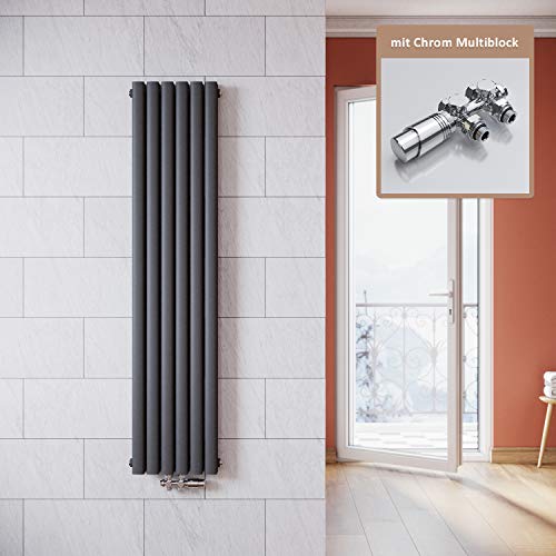 ELEGANT Vertikal Heizkörper Anthrazit 1600x354mm mit Multiblock Chrom Thermostat Design Heizkörper Doppellagig Röhrenheizkörper Badheizkörper Mittelanschluss von ELEGANT