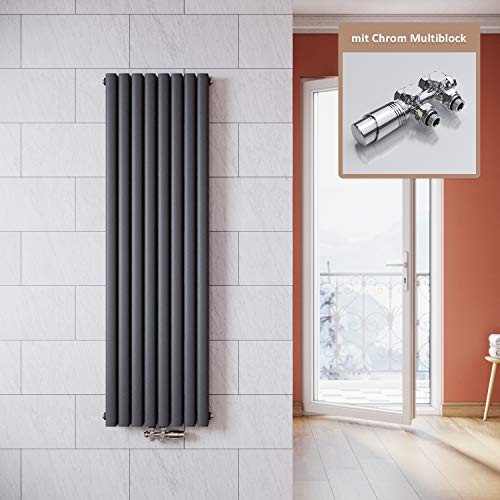ELEGANT Vertikal Heizkörper Anthrazit 1600x472mm mit Multiblock Chrom Thermostat Design Heizkörper Doppellagig Röhrenheizkörper Badheizkörper Mittelanschluss von ELEGANT