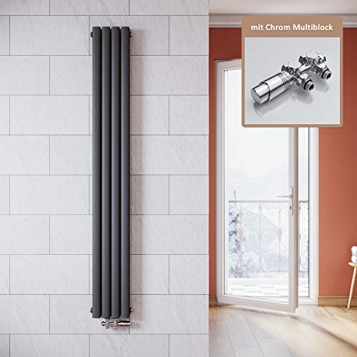 ELEGANT Vertikal Heizkörper Anthrazit 1800x236mm mit Multiblock Chrom Thermostat Design Heizkörper Doppellagig Röhrenheizkörper Badheizkörper Mittelanschluss von ELEGANT