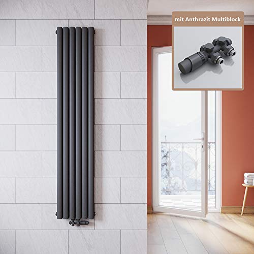 ELEGANT Vertikal Heizkörper Anthrazit 1800x354mm mit Multiblock Anthrazit Thermostat Design Heizkörper Doppellagig Röhrenheizkörper Badheizkörper Mittelanschluss von ELEGANT