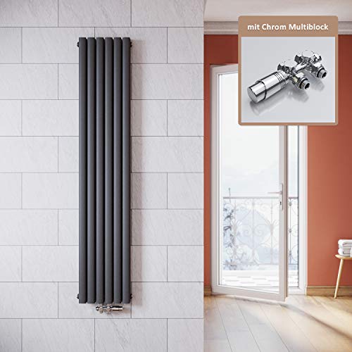 ELEGANT Vertikal Heizkörper Anthrazit 1800x354mm mit Multiblock Chrom Thermostat Design Heizkörper Doppellagig Röhrenheizkörper Badheizkörper Mittelanschluss von ELEGANT