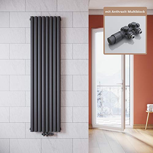 ELEGANT Vertikal Heizkörper Anthrazit 1800x472mm mit Multiblock Anthrazit Thermostat Design Heizkörper Doppellagig Röhrenheizkörper Badheizkörper Mittelanschluss von ELEGANT