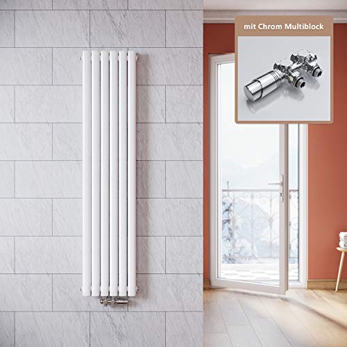 ELEGANT Vertikal Heizkörper Design Weiß 1600x354mm mit Multiblock Chrom Thermostat Röhrenheizkörper Doppellagig Badheizkörper Mittelanschluss von ELEGANT