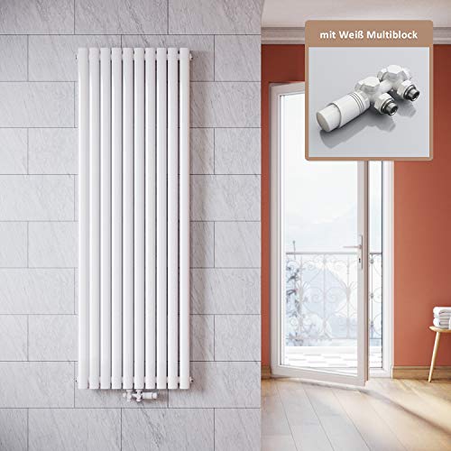 ELEGANT Vertikal Heizkörper Design Weiß 1800x590mm mit Multiblock Weiß Thermostat Röhrenheizkörper Doppellagig Badheizkörper Mittelanschluss von ELEGANT