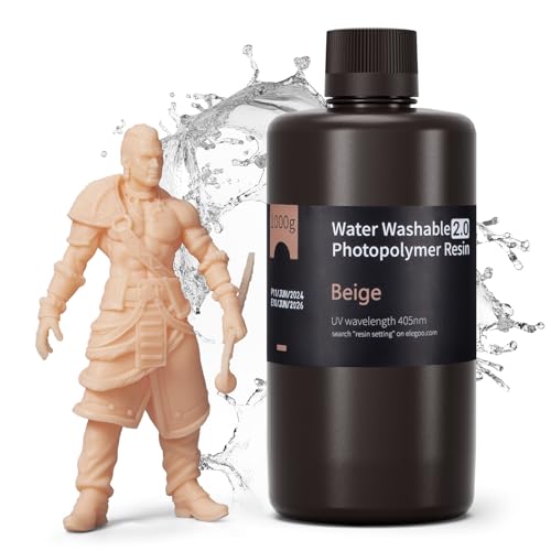ELEGOO Resin Wasser Abwaschbar 2.0 1000g Beige, Geringe Schrumpfung und Hohe Haltbarkeit 395-405 nm Schnelles Aushärten 3D Drucker Water Washable Resin für MSLA/LCD/DLP Resin 3D Drucker von ELEGOO