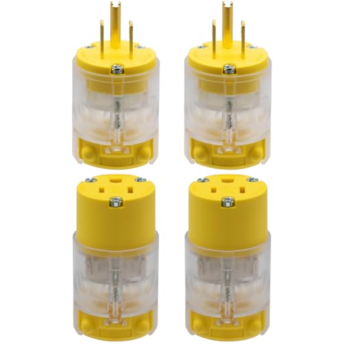 ELEGRP Beleuchtetes elektrisches Stecker- und Stecker-Set, gerade Klinge, 15 A, 125 Volt, NEMA 5–15P, NEMA 5–15R, 2-polig, 3-Draht-Erdung, handelsübliche Qualität, Gelb, 2er-Set von ELEGRP