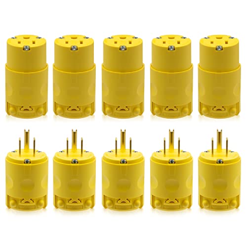 ELEGRP Elektrisches Stecker- und Steckverbinder-Set mit gerader Klinge, 15 A, 125 Volt, NEMA 5-15P, NEMA 5-15R, 2-polig, 3-Draht-Erdung, handelsübliche Qualität, Gelb, 5er-Set von ELEGRP