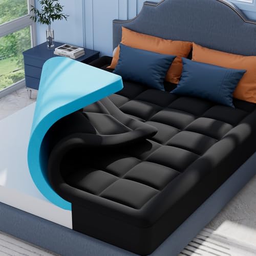 ELEMUSE Schwarz Matratzen Topper 200x200cm H3 Gel Topper mit Waschbarem Flauschigem Bezug und Gelschaum, 7CM Höhe Weicher und Bequemer Matratzentopper für Boxspringbett und Unbequeme Betten Schlafsofa von ELEMUSE