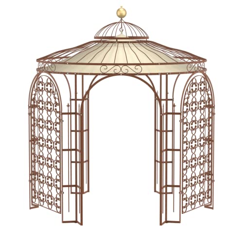 ELEO Milano wunderschöner Gartenpavillon Winterfest mit 2 x Rankgitter Rosa I Stabiler Rundpavillon Roh Edelrost Ø 2,9 m I Stabiler Rosenpavillon aus Schmiedeeisen mit Sonnensegel & Messingkugel von ELEO