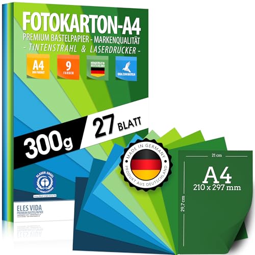27 Blatt FOTOKARTON - Papier DIN A4-300g Set 9 Farben – Stabil Bastelpapier & Farbige Blätter, Kinder & DIY Papier, Marine - Grün - Gras - Blau Ozean - BLAUER ENGEL zertifiziert - MADE IN GERMANY von ELES VIDA