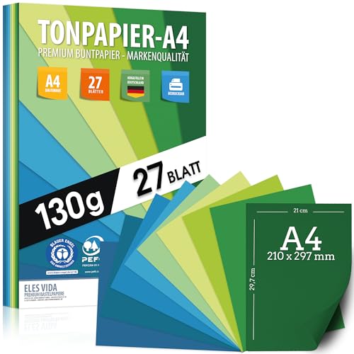27 Blatt TONPAPIER - Papier DIN A4-130g/m² Set 9 Farben – Stabil Bastelpapier & Farbige Blätter, Kinder & DIY Bogen, Zubehör Marine - Grün - Gras - Blau Ozean - Natur farbend zum Basteln & Drucken 27 Blatt TONPAPIER - Papier DIN A4-130g/m² Set 9 Farben – Stabil Bastelpapier & Farbige Blätter, Kinder & DIY Bogen, Zubehör Marine - Grün - Gras - Blau Ozean - Natur farbend zum Basteln & Drucken von ELES VIDA
