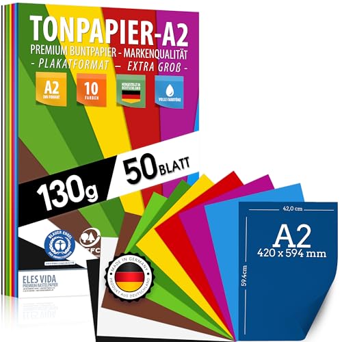 50 Blatt BUNTES PAPIER DIN A2-130g/m² Tonpapier Set 10 Farben - Bastelpapier & Farbige Blätter Pappe, Kinder & DIY Bogen, Zubehör zum Basteln für Fotoalbum Geschenke, Kreativ sein, MADE IN GERMANY von ELES VIDA