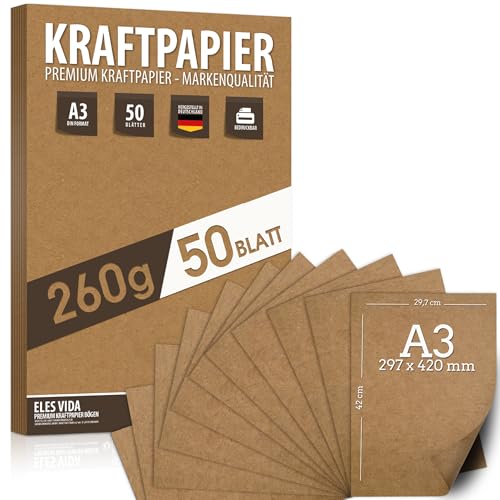 50 Blatt Kraftpapier A3 Set - 260 g - 29,7 x 42 cm - DIN Format - Bastelpapier & Naturkarton Pappe Blätter aus Kraftkarton zum Drucken, Kartonpapier Basteln für Vintage Hochzeit Geschenke Etiketten 50 Blatt Kraftpapier A3 Set - 260 g - 29,7 x 42 cm - DIN Format - Bastelpapier & Naturkarton Pappe Blätter aus Kraftkarton zum Drucken, Kartonpapier Basteln für Vintage Hochzeit Geschenke Etiketten von ELES VIDA