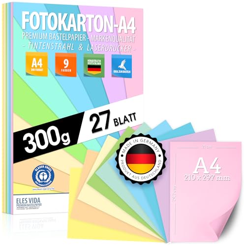 Buntes Papier Pastell Fotokarton DIN A4 – 300g - 9 Farben – Festes Papier - Farbige Pastel Blätter, Kinder & DIY Bögen, Bastel, Pastellfarben 27 Blatt - BLAUER ENGEL zertifiziert - MADE IN GERMANY Buntes Papier Pastell Fotokarton DIN A4 – 300g - 9 Farben – Festes Papier - Farbige Pastel Blätter, Kinder & DIY Bögen, Bastel, Pastellfarben 27 Blatt - BLAUER ENGEL zertifiziert - MADE IN GERMANY von ELES VIDA