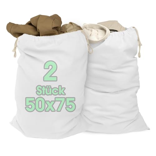 ELES VIDA® - Wäschesäcke 50x75 cm 2 Stück aus 100% Baumwolle - Extra große Wäschebeutel - langlebig, Mit Kordelzug, Reise Wäschesammler Wäschebox Kleidersack Aufbewahrung in Weiß von ELES VIDA