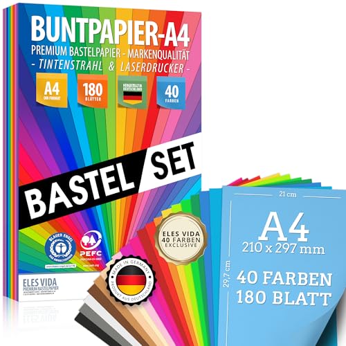 ELES VIDA - Buntes Papier A4 - MEGA Bastel-Set – 180 Blatt Buntpapier, 40 Farben & Premium Bastelpapier 80g/m² Origami Papier, Basteln, Farbiges DIY Zubehör & Bastelsets für Kinder - MADE IN GERMANY ELES VIDA - Buntes Papier A4 - MEGA Bastel-Set – 180 Blatt Buntpapier, 40 Farben & Premium Bastelpapier 80g/m² Origami Papier, Basteln, Farbiges DIY Zubehör & Bastelsets für Kinder - MADE IN GERMANY von ELES VIDA