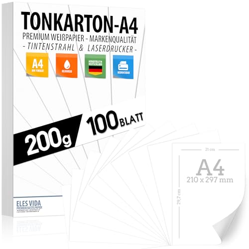 Fotopapier A4 Matt Papier 200g - 100 Blatt - PREMIUM PAPIER WEIß - DIN Format- Druckerpapier unbedruckt für Postkarten, Briefe, Pappe, Präsentationen Bogen, Basteln, Pappe, Tonkarton - Scrapbooking von ELES VIDA