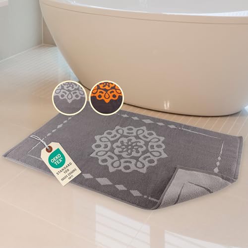 ELEVAVIDA Design Badvorleger grau 60x100 cm aus 100% Baumwolle 1000 g/m2 - Badematte mit Mandala, weicher Badteppich, saugfähig, maschinenwaschbar - graue Duschmatte Frottee Duschvorleger von ELEVAVIDA