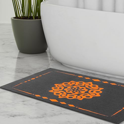 ELEVAVIDA Badematte grau 60x100 cm aus 100% Baumwolle - Badvorleger mit Mandala anthrazit orange - Badteppich weich, saugfähig, maschinenwaschbar - Duschmatte Frottee Duschvorleger von ELEVAVIDA