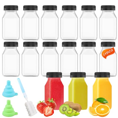ELEpl 24 120ml Stück Kunststoff Saftflaschen zum Befüllen Inklusive Trichter und Bürste Transparent Shot Flaschen Wiederverwendbare Kleine Flaschen mit Deckel Smoothie Flasche für Wasser Säfte Milch von ELEpl