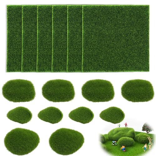 ELEpl Kunstrasen Basteln Moos Deko Miniatur Garten 6 Künstlicher Rasen 15 * 15cm mit 10 Künstliches Moos Steine für Den Lnnen und Außenbereich Mikrolandschaft Miniatur Garten Deko Terrasse von Elepl
