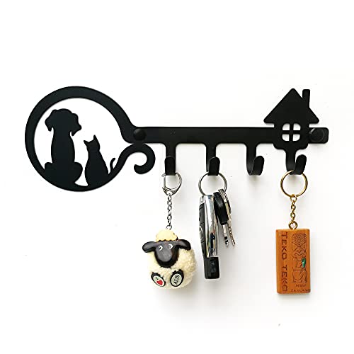 ELFSELF® Schlüsselbrett für die Wand - für Tierliebhaber & Naturfreunde - Mit dem Schlüsselboard alles ordentlich organisiert - 4 Aufhänger Schlüsselablage schwarzes Metall (Hund und Katze) von ELFSELF
