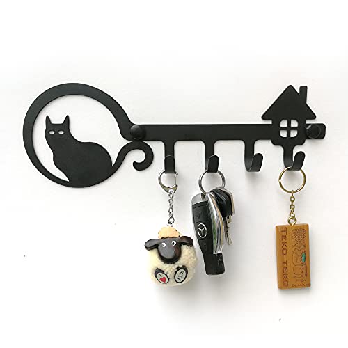 ELFSELF® Schlüsselbrett für die Wand - für Tierliebhaber & Naturfreunde - Mit dem Schlüsselboard alles ordentlich organisiert - 4 Aufhänger Schlüsselablage schwarzes Metall (Katze) von ELFSELF