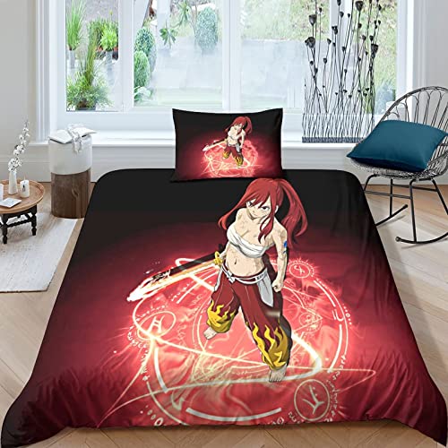 ELGISI Erza Scarlet Bettbezug Und Kissenbezug 3D-Digitaldruck Ultraweich Fairy Tail Bettwäsche Geeignet Für Mädchen Jungen Teenager Bettbezüge Und Kissenbezüge 50 X 75cm Single（135x200cm） von ELGISI