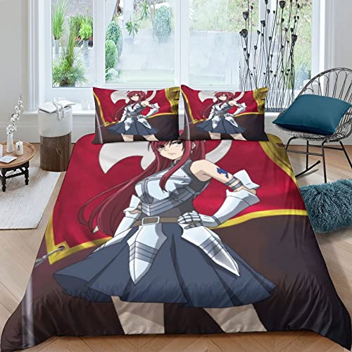 ELGISI Erza Scarlet Bettwäsche Set Double（200x200cm） Fairy Tail Bettbezug 3D Bedruckte 3 Stück Betten Für Kinder Jungen Mädchen Thema Raumdekor Kuschelig MikrofaserBettbezug von ELGISI