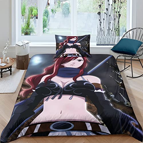 ELGISI Erza Scarlet Bettwäsche Single（135x200cm） Bettbezug Set 2 Teilig Weiche Microfaser Fairy Tail Bettbezug Und Kissenbezug Mit Reißverschluss Für Kinder Jungen Mädchen von ELGISI