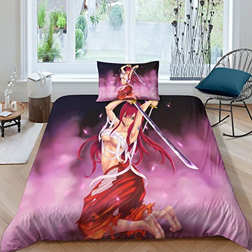 ELGISI Erza Scarlet Duvet Cover Bettwäsche Set Fairy Tail Bettbezug Und Kissenbezug, Mikrofaser, 3D Digital Print Deckenbezug Dreiteilige Set Für Erwachsene Und Kinder Single（135x200cm） von ELGISI