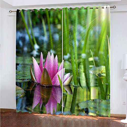 ELGISI Gardinen Wohnzimmer Kinderzimmer Verdunkelungsvorhang 3D Digitaldruck Rosa Lotus Im Wasser Vorhänge Blickdicht Schlafzimmer Thermovorhang Mit Ösen, 2Er Set 137X117Cm（H X B） von ELGISI