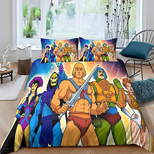 ELGISI He-Man Bettbezug Bettwäsche Set Cartoon Bettbezüge 3D Drucken 3 Teilig Microfaser Bettwäsche Super Weiche Atmungsaktive Deckenbezug Mit Reißverschluss Betten Set Double（200x200cm） von ELGISI