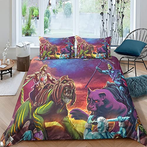 ELGISI He-Man Bettbezug Bettwäsche Set Cartoon Bettbezüge 3D Drucken 3 Teilig Microfaser Bettwäsche Super Weiche Atmungsaktive Deckenbezug Mit Reißverschluss Betten Set Double（200x200cm） von ELGISI