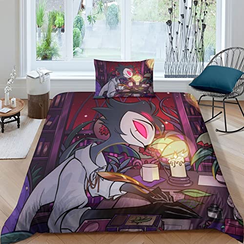ELGISI Helluva Boss Bettbezug Set 3D Anime Bettwäsche Polyesterfaser Anime Bettwäsche Set Mikrofaser Cartoon Bettbezug Mit Reißverschluss Bettbezug Blatt Kissenbezüge Single（135x200cm） von ELGISI