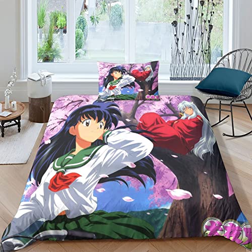 ELGISI Inuyasha 3D Bettwäsche Set Single（135x200cm） 2teilig Mit Reißverschluss Weiche Und Angenehme Schlafkomfort Microfaser Comics Bettbezug Betten Set Mit Kissenbezug 50x75 cm von ELGISI