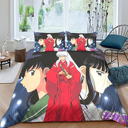 ELGISI Inuyasha Bettwäsche Kinderbettwäsche Comics Bettbezüge 100% Mikrofaser Bettbezug Double（200x200cm） Mit Kissenbezug 50x75 Für Herren Damen Teenager Pflegeleicht Betten Set von ELGISI