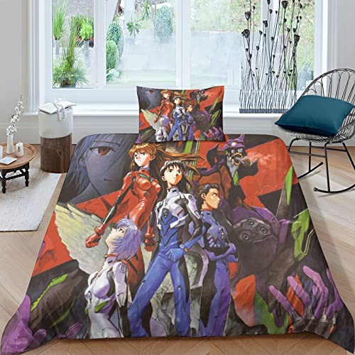 ELGISI NEON Genesis Evangelion 3D Bettwäsche Set Single（135x200cm） 2teilig Mit Reißverschluss Weiche Und Angenehme Schlafkomfort Microfaser Eva Bettbezug Betten Set Mit Kissenbezug 50x75 cm von ELGISI